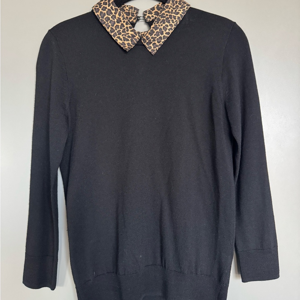 J. Crew 100% Merino Wool Black Sweater with Leopard Print Collar